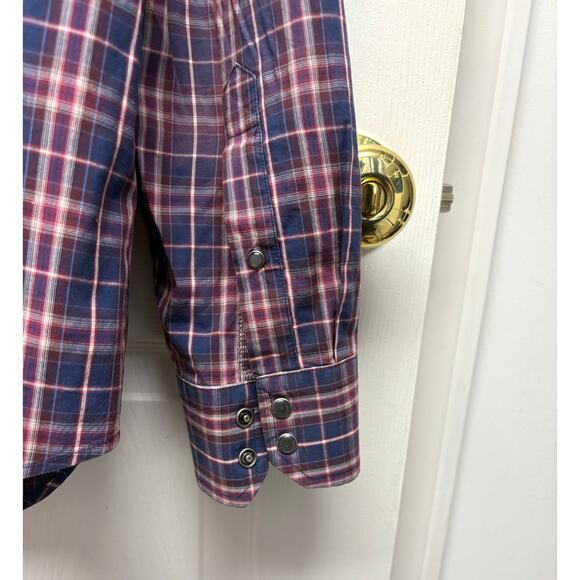 Banana Republic Western Snap Button Down, Red Blue Plaid, Slim Fit Mens Size L - Picture 7 of 8